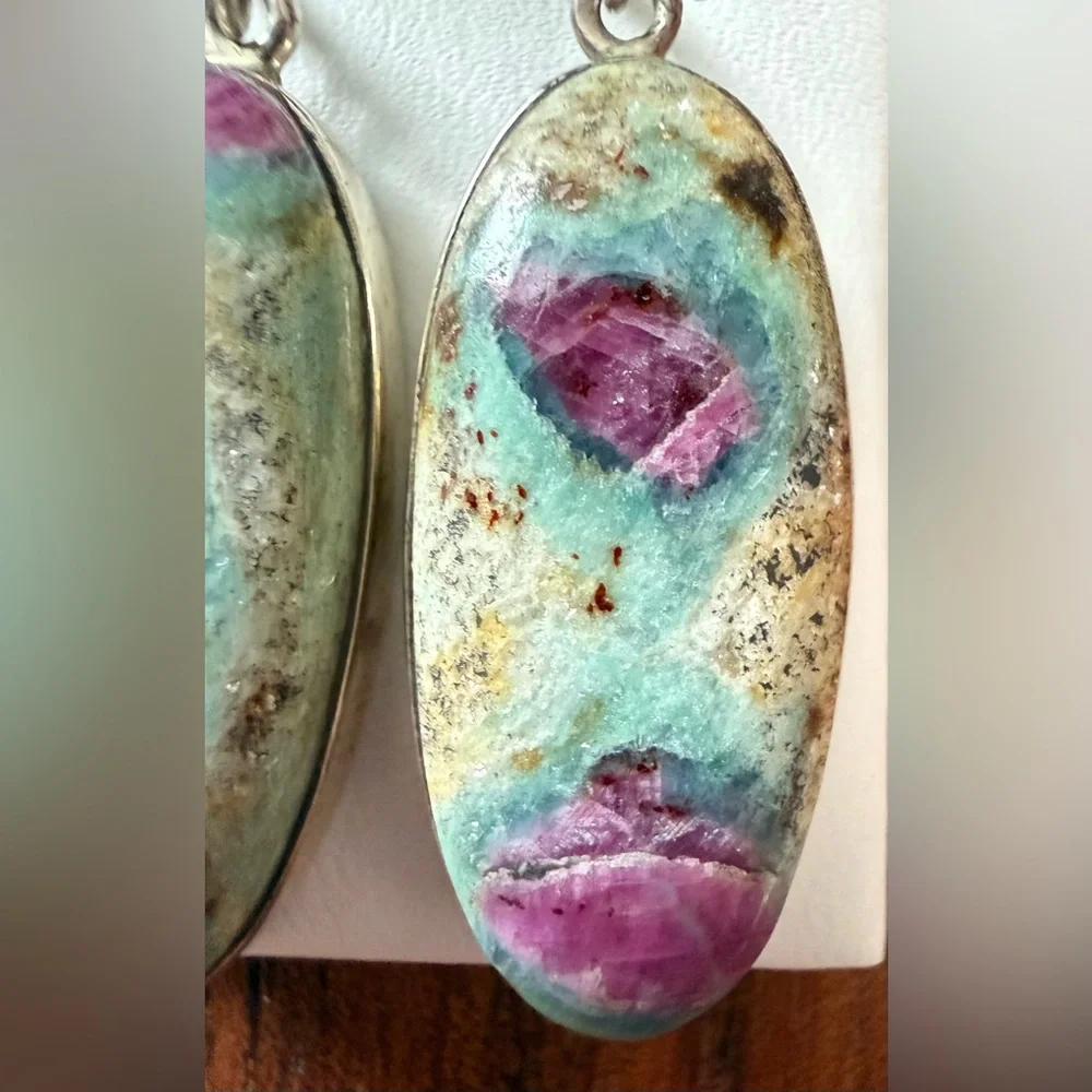 Sterling Silver 925 Ruby in Fuchsite Multi-Color Stone Earrings Dangling Heavy
